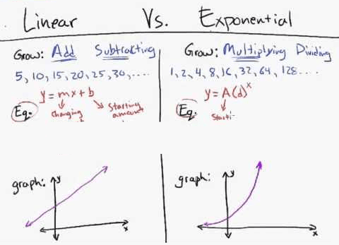 Linear vs exponential growth: adding a fixed amount each step versus multiplying, shown as a straight line versus a curve that steepens.