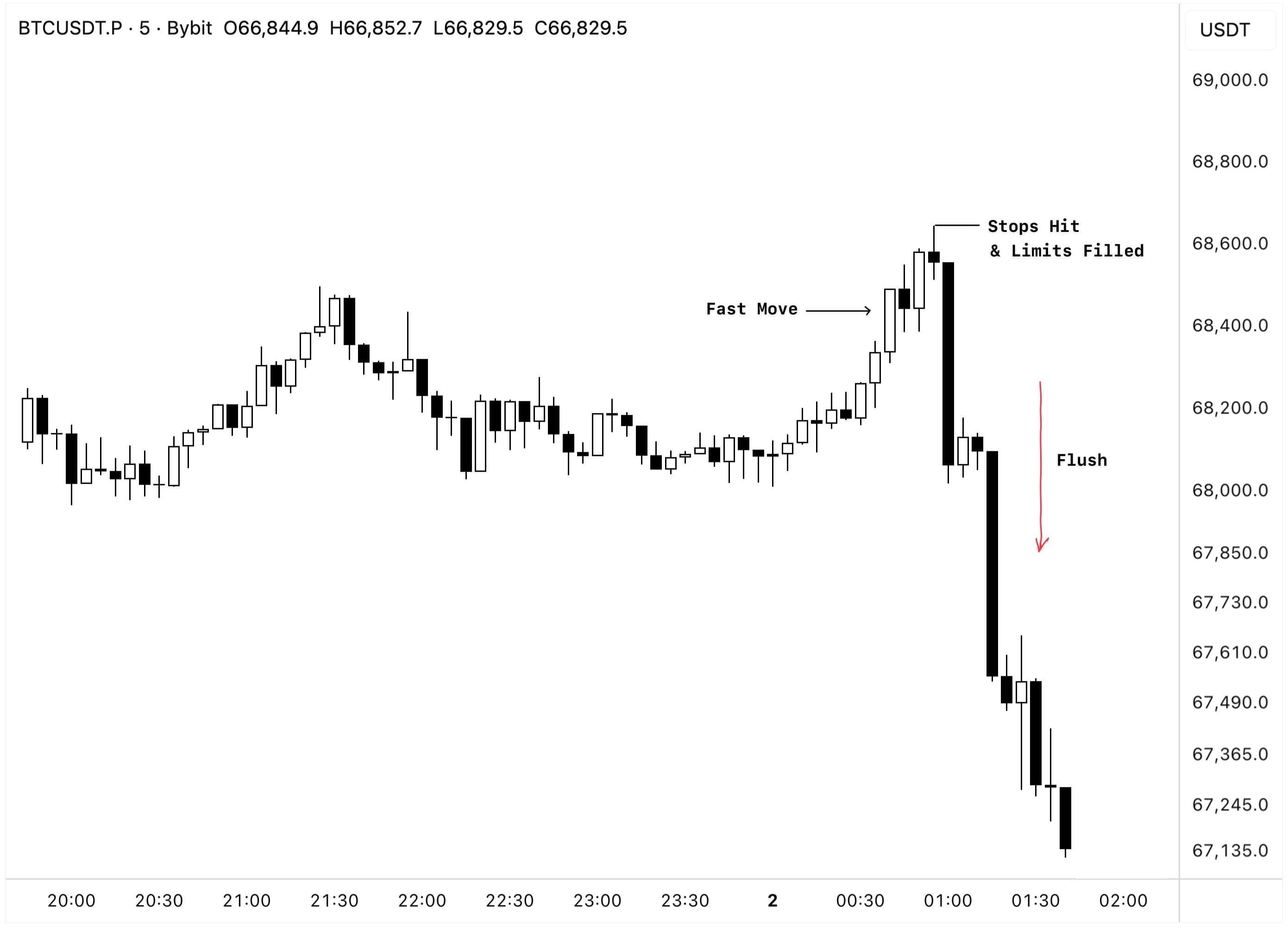 BTCUSDT 5-minute chart: a fast move up hits stops and fills limit orders, then price flushes lower.